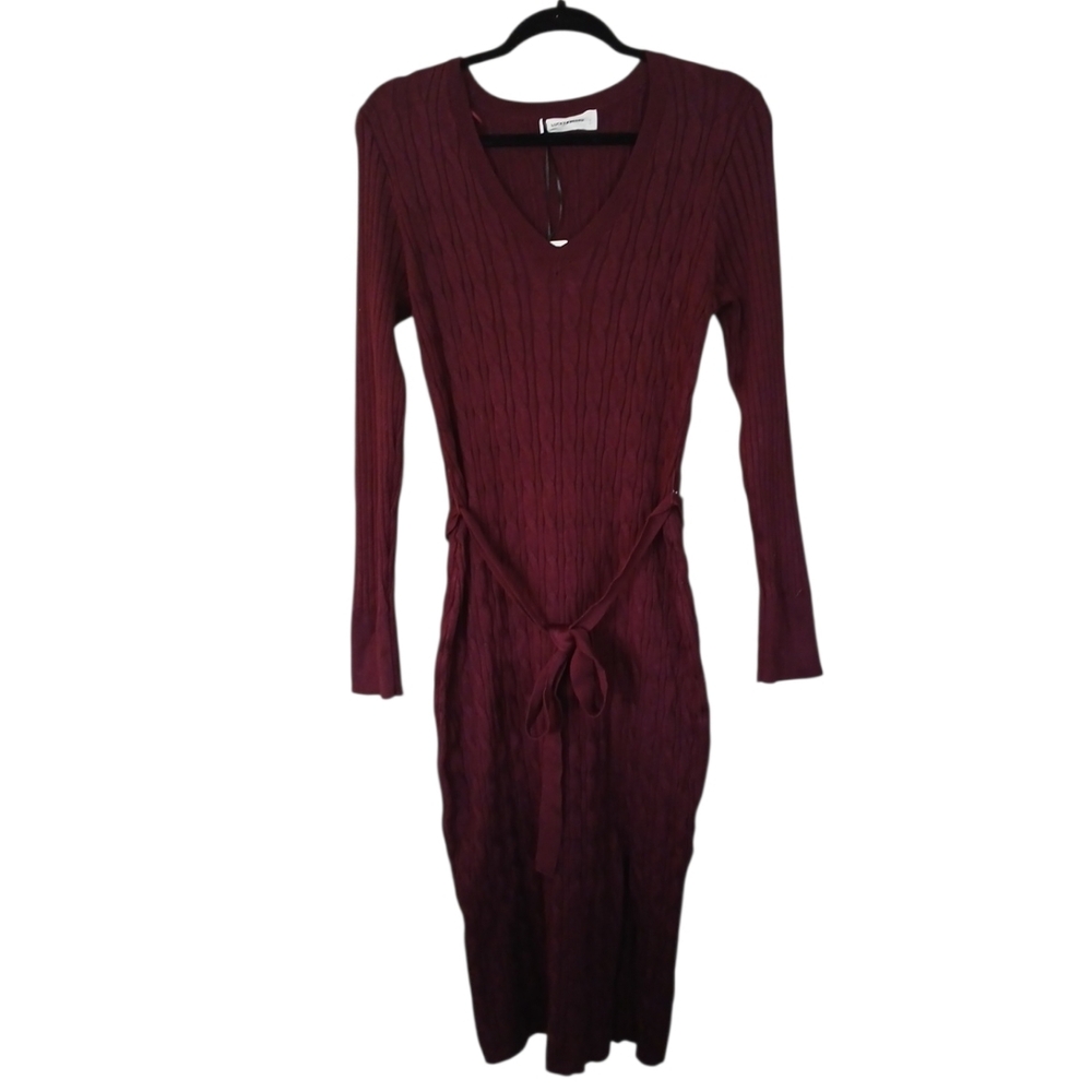 Lucky Brand NWT V-neck Burgundy Cable Knit Long Sleeve Dress With Sash Large